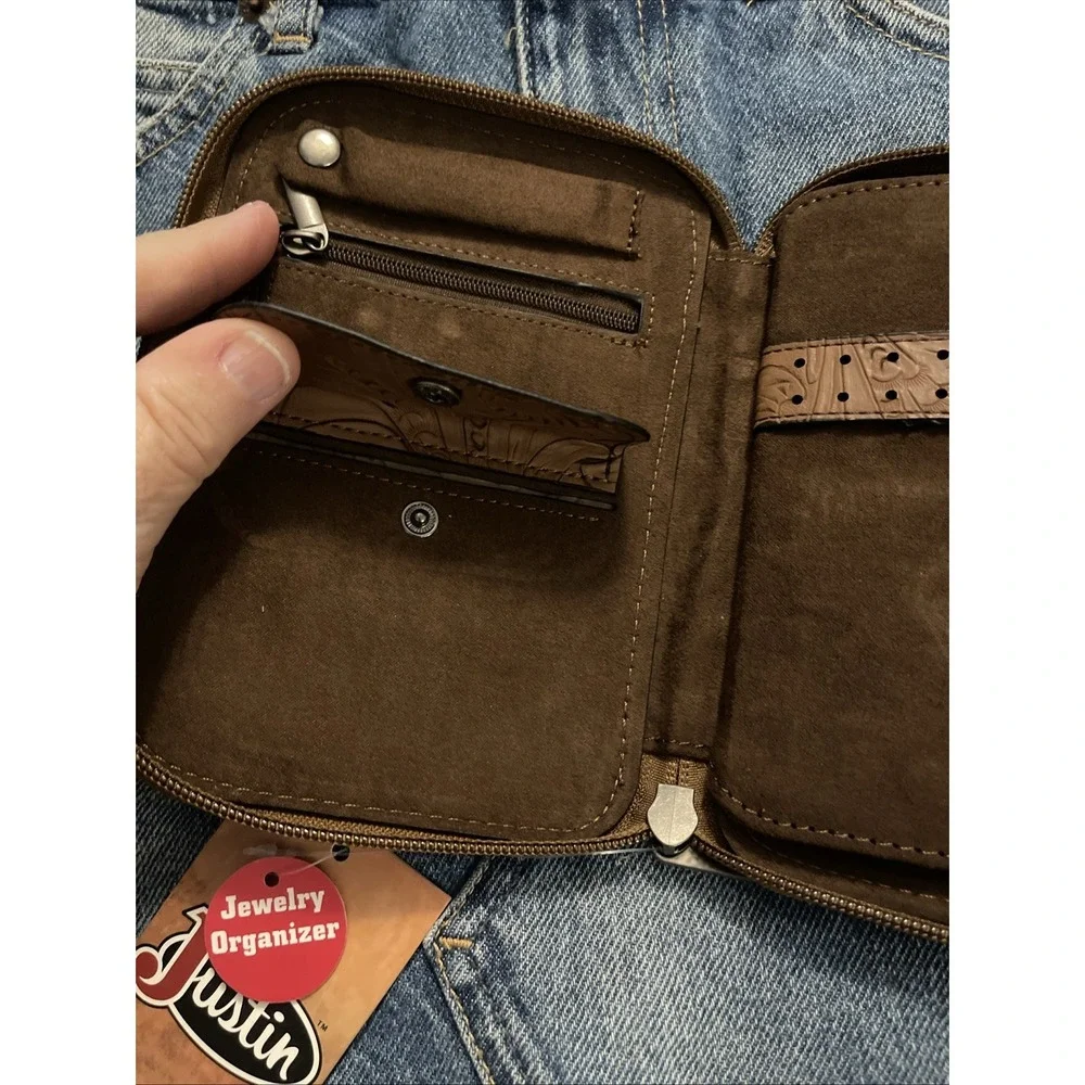 NWT New‎ Justin Western Tool Brown Leather Jewelry Organizer Wallet Zipper Close